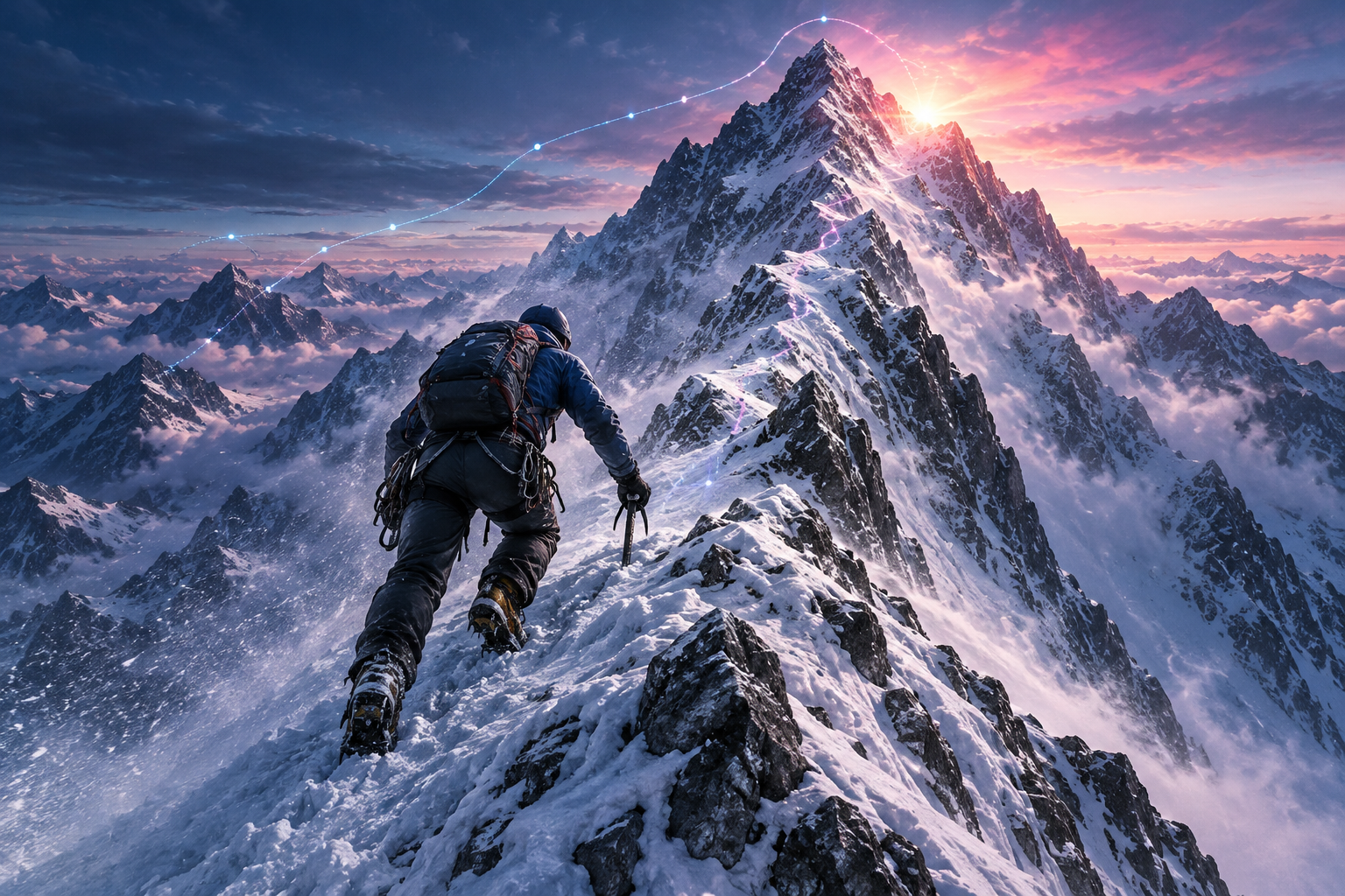 A lone climber ascending a snowy mountain ridge toward a radiant summit