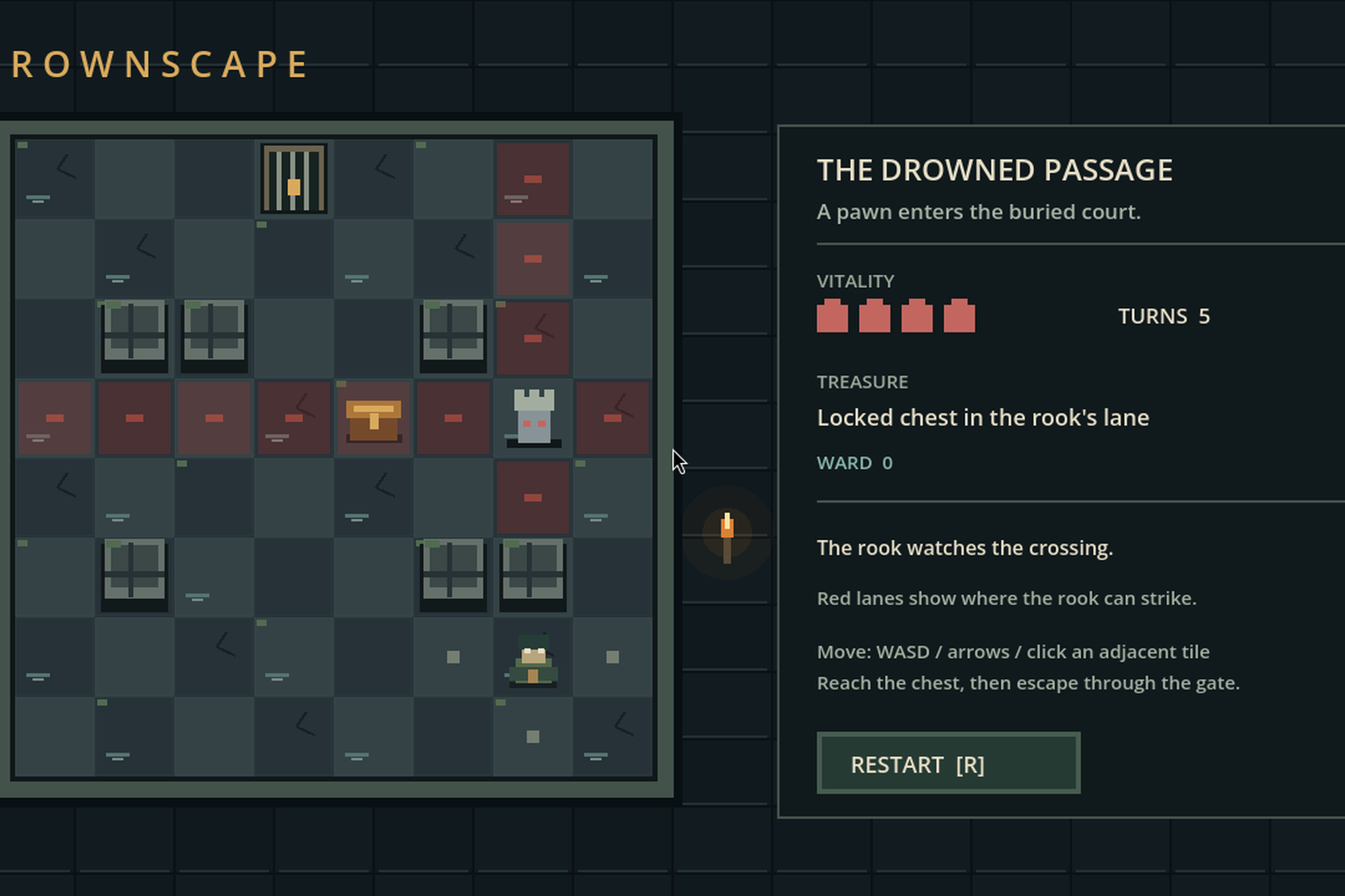 Dark stone chessboard dungeon: a pawn faces a rook whose red attack lanes cross the board, with a locked chest, pillars and a barred gate