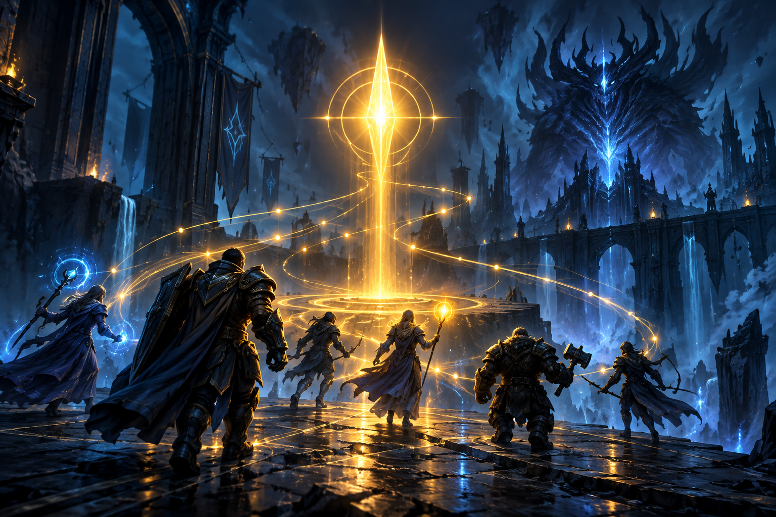 A luminous beacon guiding a coordinated group through a dark fantasy landscape