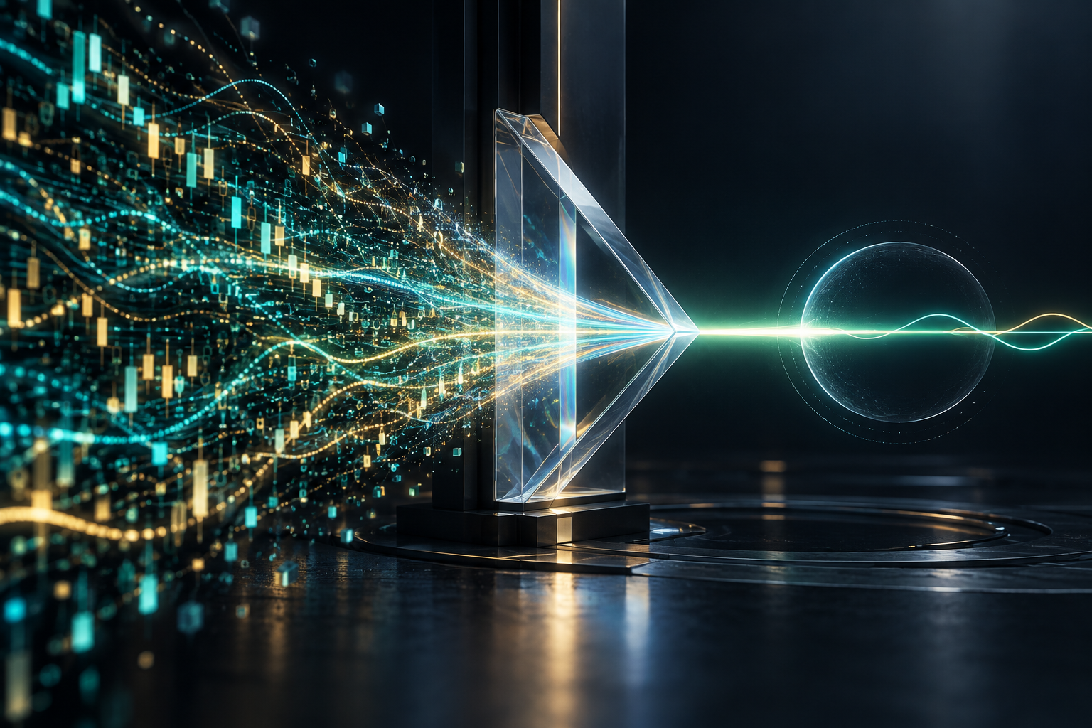 Chaotic market data passing through a glass prism into a calm protected signal