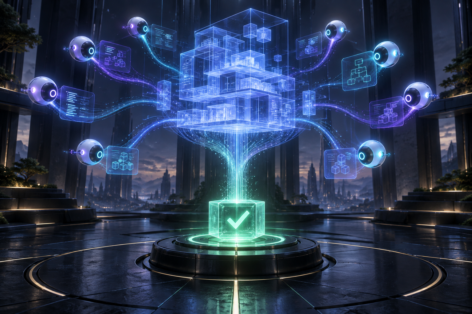 Coordinated AI agents assembling a verified software architecture