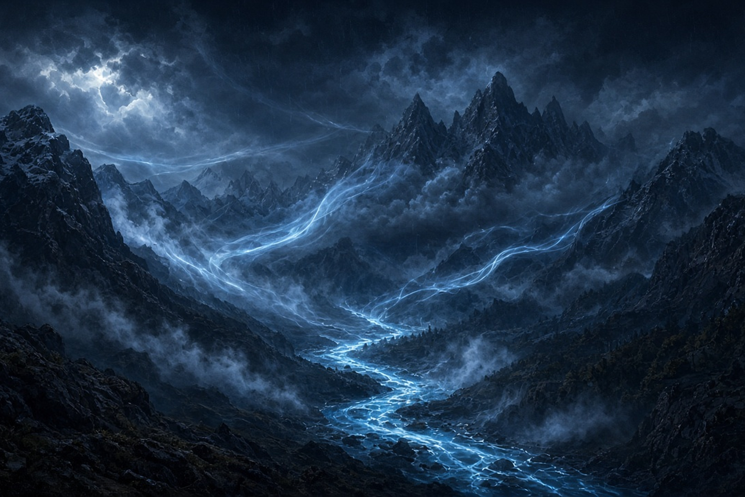A glowing river winding through a dark mountain watershed under rain clouds and mist