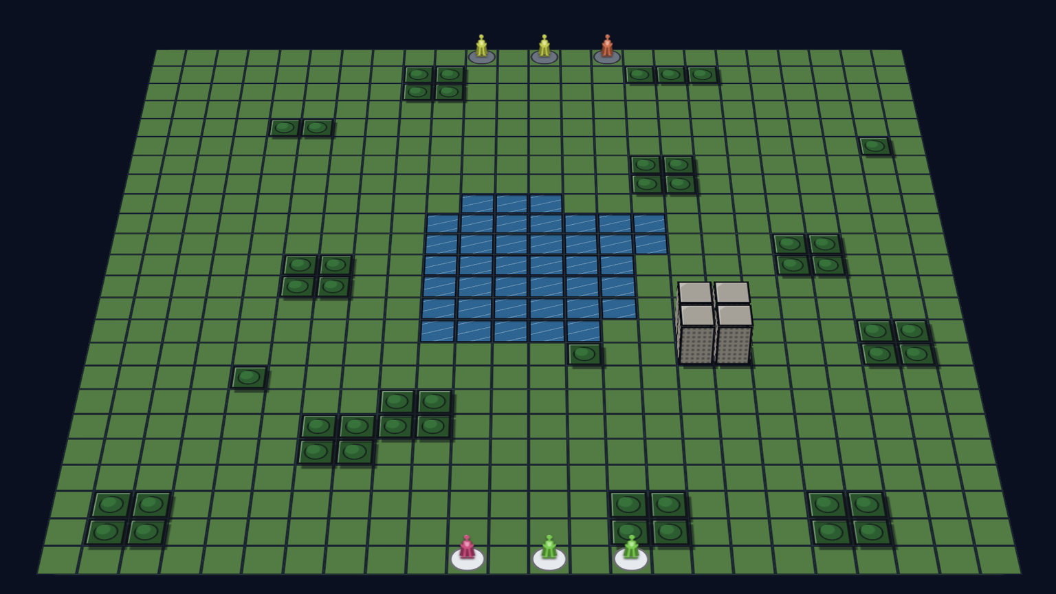 A colorful comic-style tactics board with generic figures