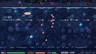 Riptide gameplay over a reef: the player's boat fires across the water at enemy craft and striped barges, with the hull and score HUD along the bottom