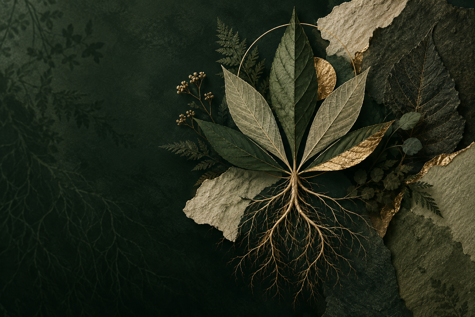 Layered botanical roots and pressed leaves in forest green, sage, gold, and cream