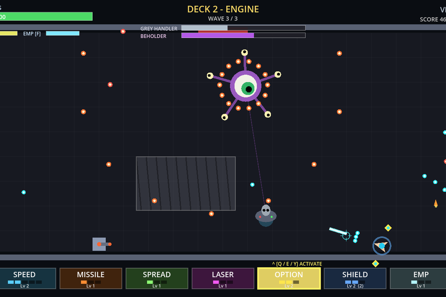 Sherpo gameplay screenshot: the player ship dodges a spray of glowing bullets from a purple many-eyed Beholder boss on Deck 2, with the upgrade bar along the bottom
